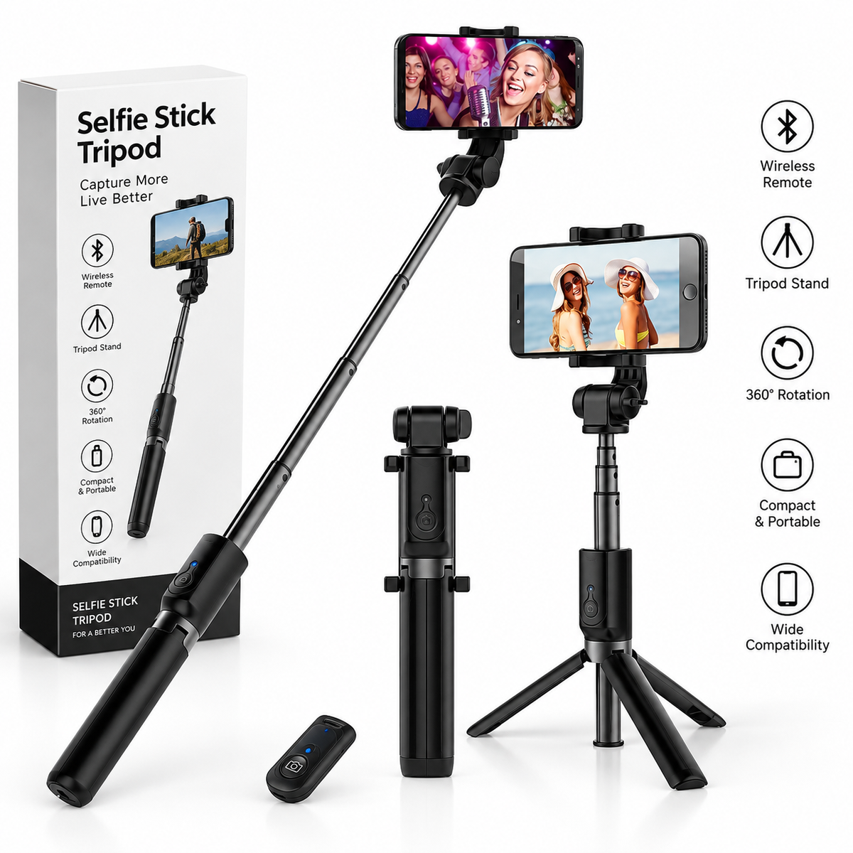 Tripod With Bluetooth Connected Selfie Stick